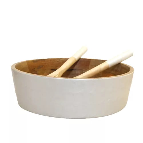 Saladier et couverts à salade - blanc et bois manguier