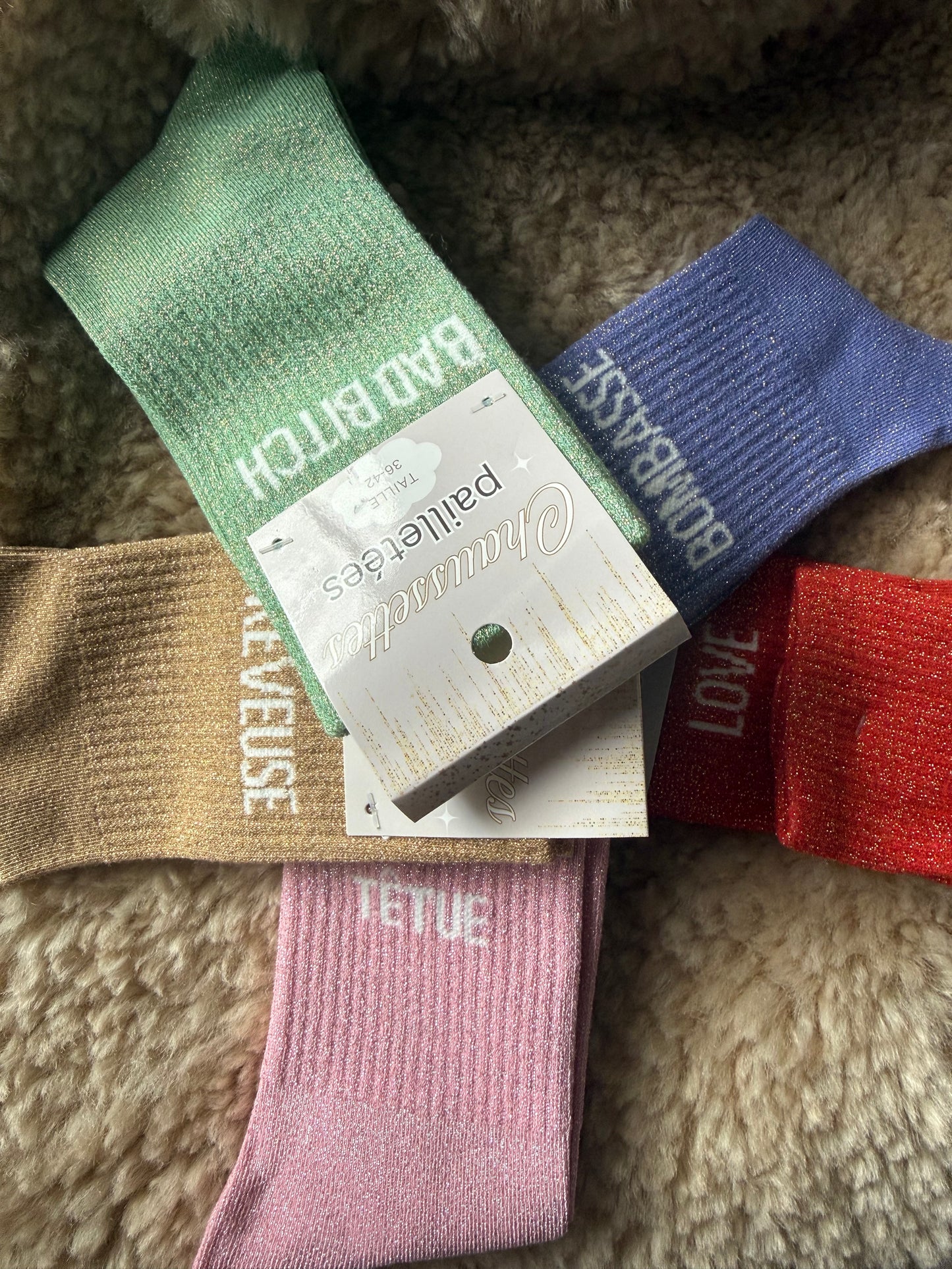Chaussettes paillettées à message