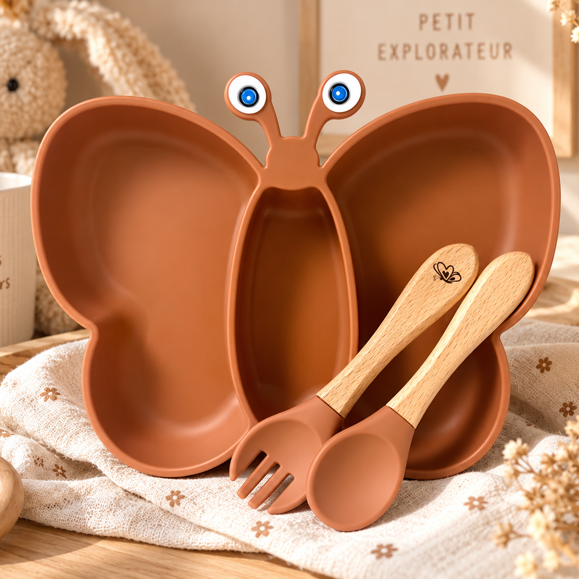 Set de repas PAPILLON - Assiette avec ventouse et couverts