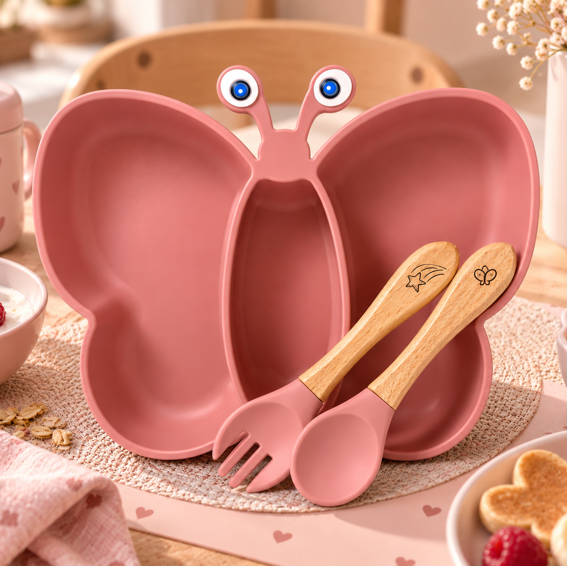 Set de repas PAPILLON - Assiette avec ventouse et couverts