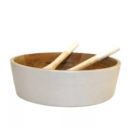 Saladier et couverts à salade - blanc et bois manguier