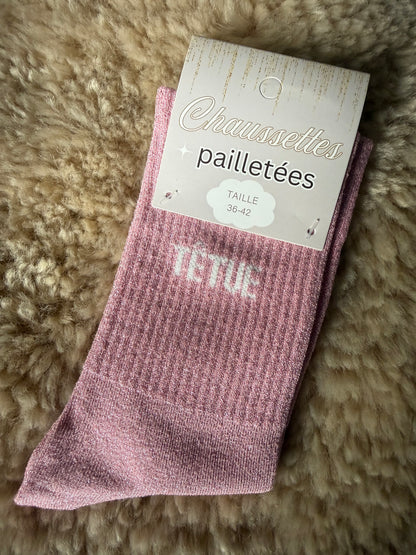 Chaussettes paillettées à message